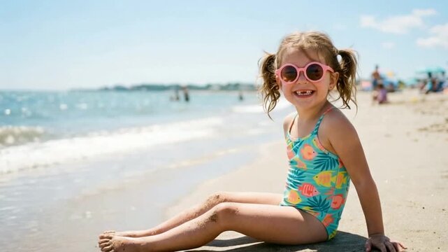 Happy Girl in Colorful Swimsuit Relaxing on Sunny Beach