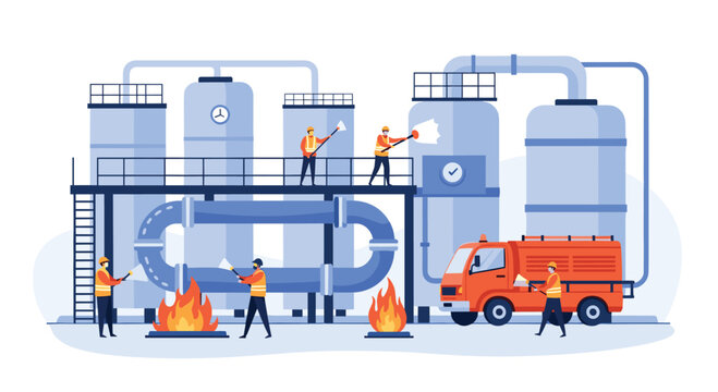 Team of brave firefighters working together to extinguish a blaze at a large industrial factory using hoses and a fire engine truck.
