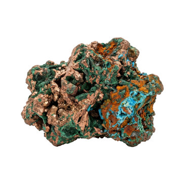 Isolated raw copper ore specimen showing detailed malachite and chrysocolla mineral textures in shades of metallic brown, green, and turquoise.