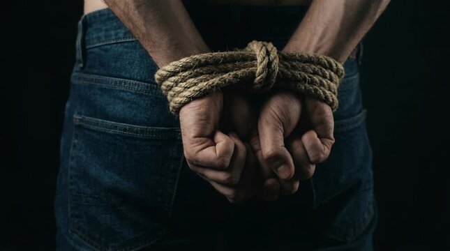 Close-Up of Bound Hands with Rough Rope in Dark Setting Symbolizing Vulnerability and Restraint