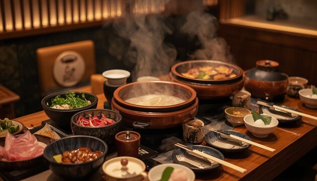 A traditional Japanese Shabu-Shabu dining scene with elegant tableware, fresh ingredients, and warm ambient lighting.