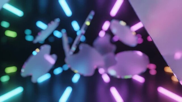 Abstract floating glass discs with vibrant neon light streaks and bokeh, futuristic digital art