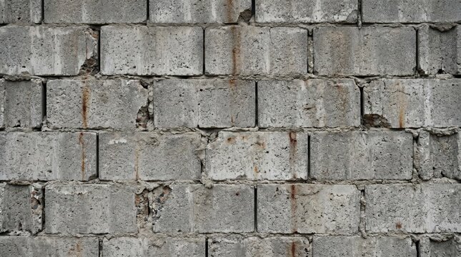 Weathered concrete block wall with rough textured masonry, cracked and stained cinder blocks forming industrial exterior facade and utilitarian architectural surface
