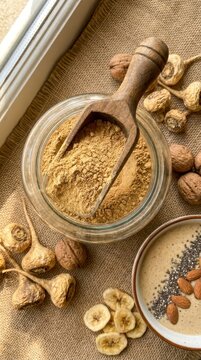 Maca powder jar with healthy superfood ingredients