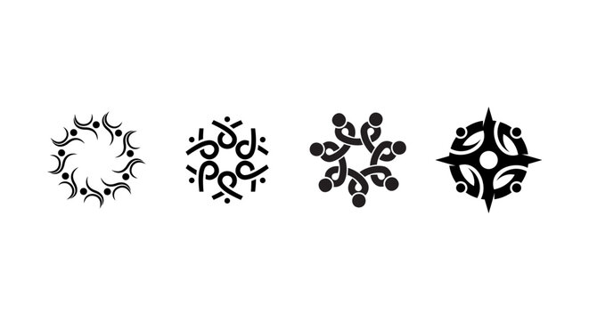 Set of abstract community logo icons, people silhouettes in circle, teamwork and unity concept, vector illustration