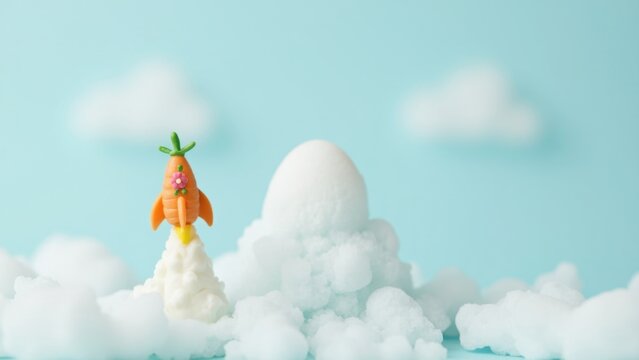Vegetable-themed spacecraft ascends into the sky, past a cloud of fluffy cream.