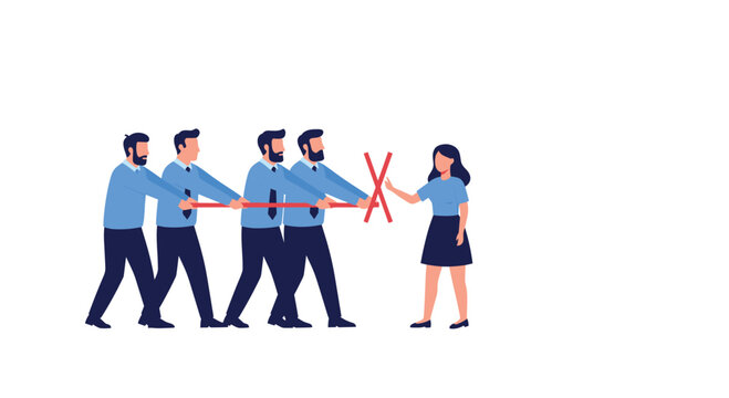 Determined woman uses a firm stop gesture to block four men from pushing a heavy bar, representing boundaries and assertiveness.