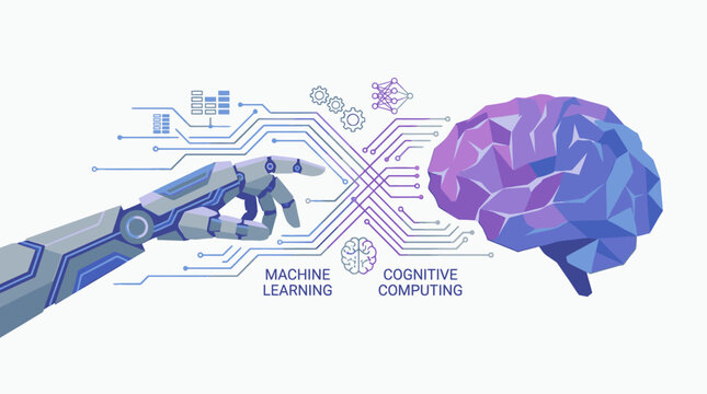 Flat lay illustration of a robotic hand interacting with a purple brain with machine learning and cognitive computing text on a white background with circuit board lines and symbols.