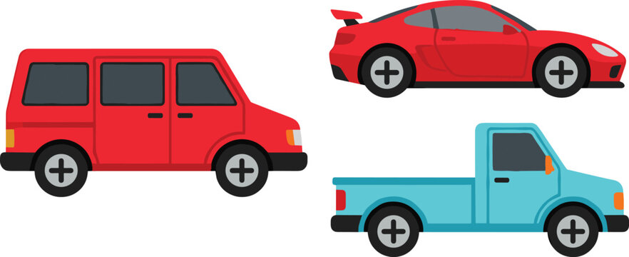 Vector illustration of flat design vehicles featuring red minivan sports car and blue pickup truck in side views