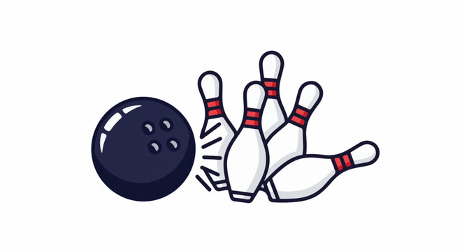 A dark bowling ball aims for scattered white pins with red bands, a game in motion
