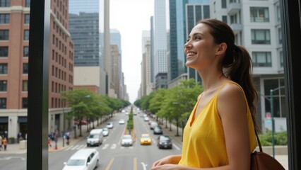 Fototapeta premium Woman wearing yellow top looking out at city street from high vantage point.