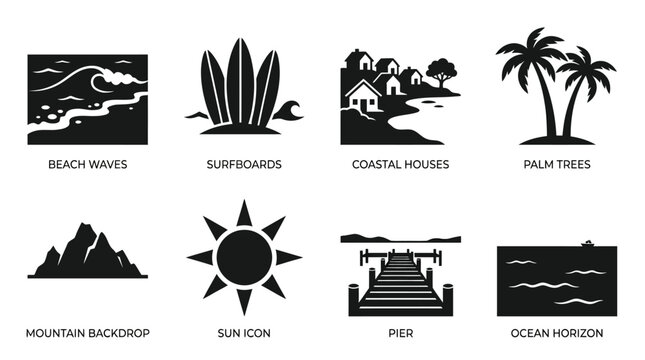 Beach and coastal elements vector illustration featuring ocean waves, surfboards, coastal houses, palm trees, mountains, sun icon, pier, and ocean horizon for travel and summer design