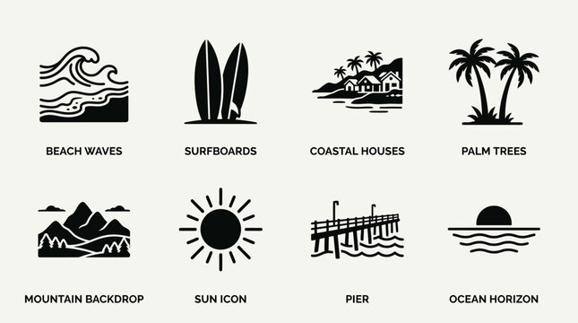 Beach and coastal elements vector illustration featuring ocean waves, surfboards, coastal houses, palm trees, mountains, sun icon, pier, and ocean horizon for travel and summer design
