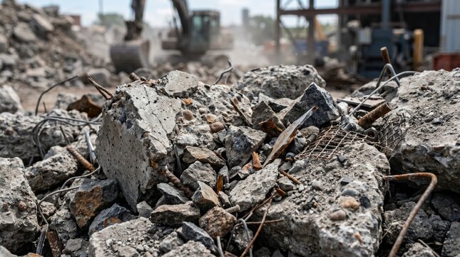 Close foreground of broken concrete rubble and exposed rebar at demolition site, scattered chunks and metal debris with blurred excavator and industrial structure in background