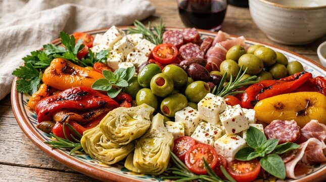 Mediterranean antipasto platter with marinated olives, roasted peppers, artichokes, cured meats and feta on rustic plate set on wooden table for sharing and grazing