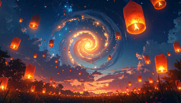 Floating lanterns night sky