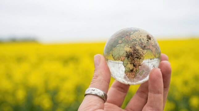 Hand holding small transparent globe with world map showing environmental focus over yellow field