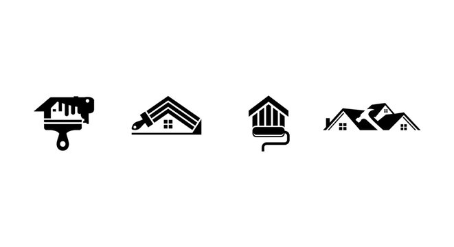 Set of house construction and renovation logo icons, including painting, roofing, and carpentry tools