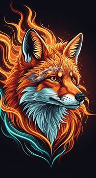 Fox head surrounded by flame on dark background