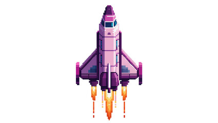 Isolated pixel art spaceship launching with vibrant engine flames in retro video game style © Saoirse