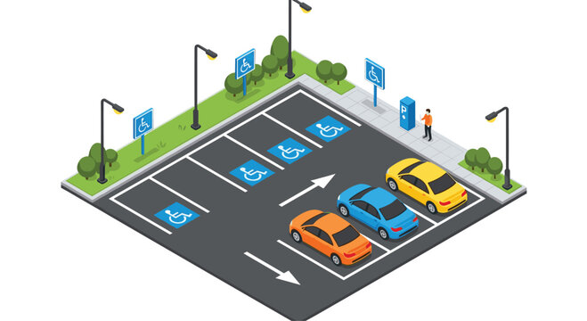 High angle isometric view of a modern parking lot with designated handicap accessible spaces, parked cars, and street lighting infrastructure.