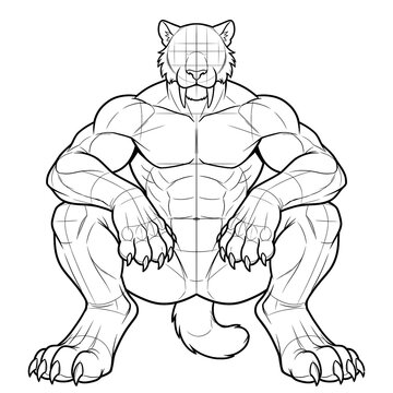 Hand drawn black ink line art sketch of heavy stocky male sabertooth furry body base, front view sitting cross legged on floor isolated on white. Technical illustration.
