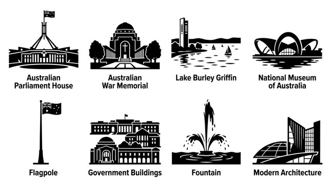 Canberra landmarks vector illustration featuring Parliament House, Australian War Memorial, Lake Burley Griffin, National Museum, flagpole, government buildings, fountain, and modern architecture icon