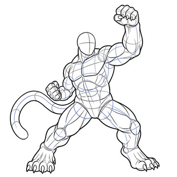 Hand drawn black ink line art sketch of heavy stocky male liger furry body base, 3/4 front view throwing a devastating low-to-high uppercut punch isolated on white. Technical illustration.