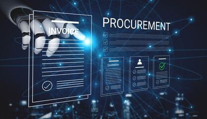 Obraz premium A digital image showcasing a robotic hand interacting with invoices and procurement documents, symbolizing the integration of technology and business in modern environments. Cyphers