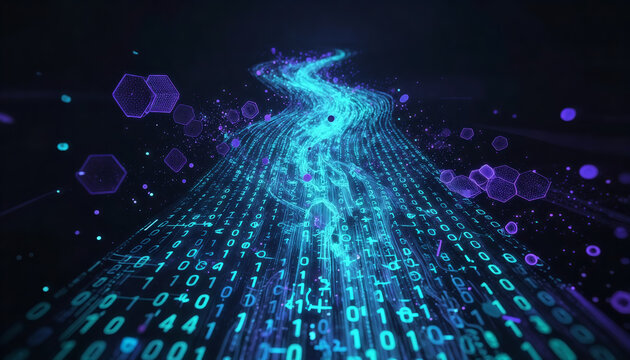 Futuristic binary data stream flowing in digital network