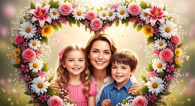 Smiling family surrounded by colorful floral heart frame on light background