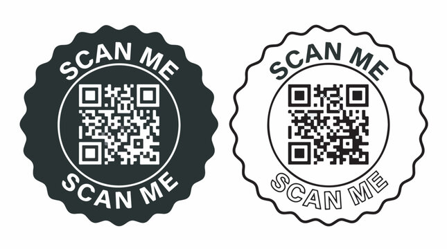 Modern black and white vector graphic illustration featuring two circular badges with scan me text and unique square code symbols