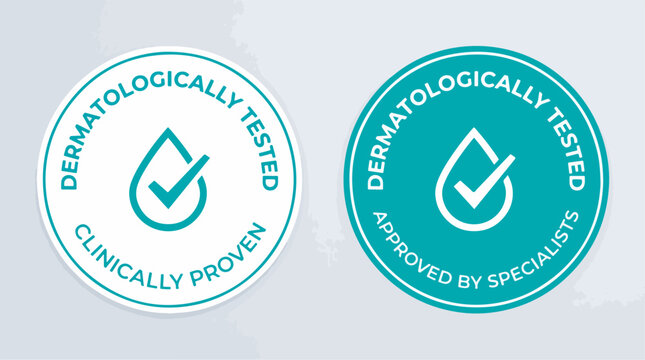 Two round vector illustration badge designs featuring dermatologically tested and clinically proven text for professional skincare product packaging label branding