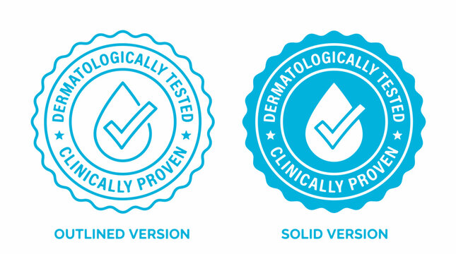 Professional vector graphic illustration featuring two dermatologically tested and clinically proven circular badge designs for skincare and beauty product packaging