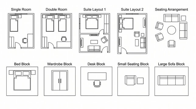 Architectural Hotel Room CAD Symbol Sheet Top View Furniture Layout Blocks Set with Single Double and Suite Room Variations Vector