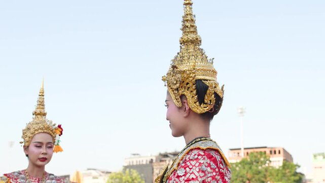 Traditional Thai Khon Dancers Performing Classical Dance in Bangkok City