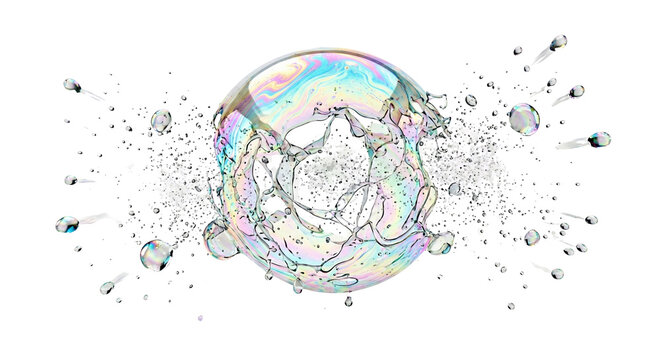 Bursting iridescent soap bubble with splashing liquid droplets