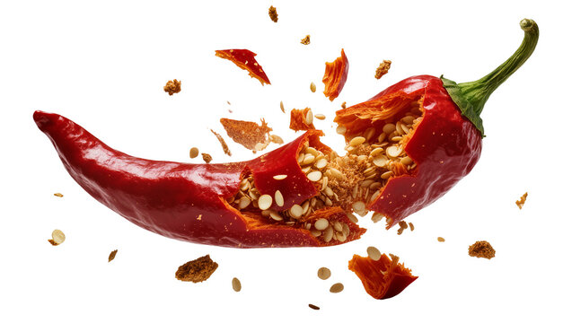 Isolated exploding red hot chili pepper with flying seeds and vibrant spice pieces scattered