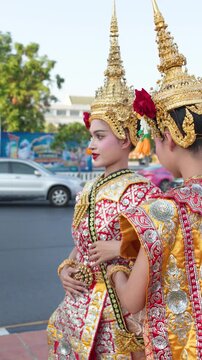 Thai Khon Dancers in Traditional Costumes Near Wat Suthat Bangkok