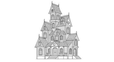 Fototapeta premium Gothic victorian haunted house with tall spires, arches, and gables in a highly detailed black and white outline sketch.