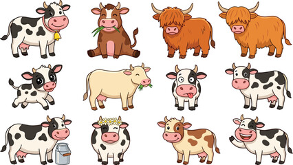 Fototapeta premium Cute Cow Character Vector Icon Set with Various Dairy Cattle Breeds and Fluffy Highland Cows for Milk Packaging, Nursery Art, and Kids Sticker Designs