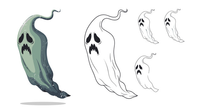 Five spooky crying ghost characters of various sizes are shown floating in a row against a clean white background.