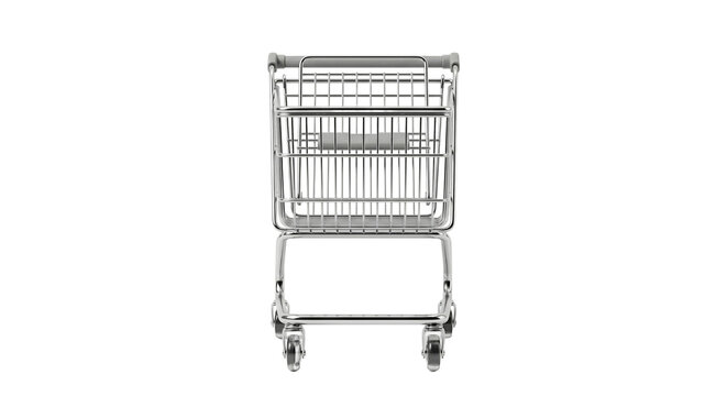 Empty metallic supermarket shopping cart trolley from front view