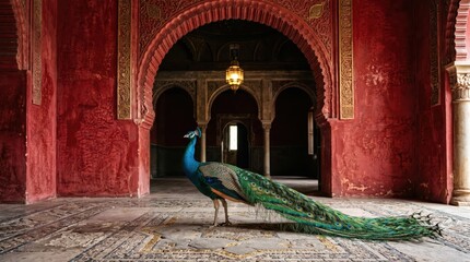 Fototapeta premium Peacock walking through arched historic courtyard with patterned stone floor and ornate red plaster walls, long iridescent tail trailing across mosaic tiles suggesting palace or monument setting