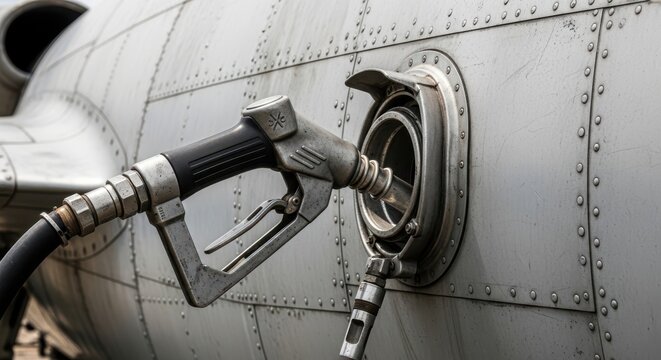 Closeup of a fuel nozzle inserted into the fuel intake port of a metallic aircraft fuselage
