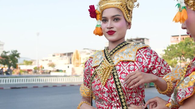 Thai Khon Dancers in Traditional Costume at Wat Suthat Bangkok