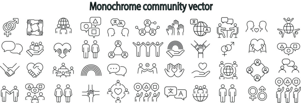 Monochrome community vector icons. Diversity, equality, and social inclusion line signs set. Team collaboration icon