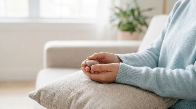 Obsessive Compulsive Disorder OCD: Individual practicing mindfulness coping techniques in quiet indoor space
