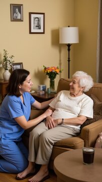 A compassionate nurse helping an elderly patient get up from a couch with the assistance of a sit-to-stand aid, providing care and support in a home environment.