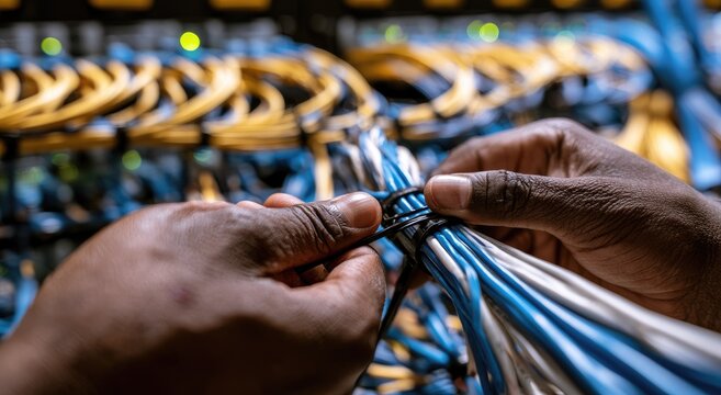 Close-up of hands connecting network cables in a server room.